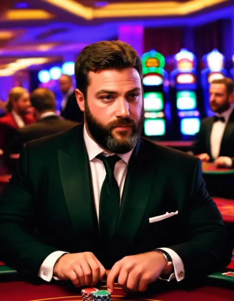<lora:XL_sargon_v1:1>, 1boy, male focus, solo, facial hair, realistic, beard, suit, upper body, at casino table
