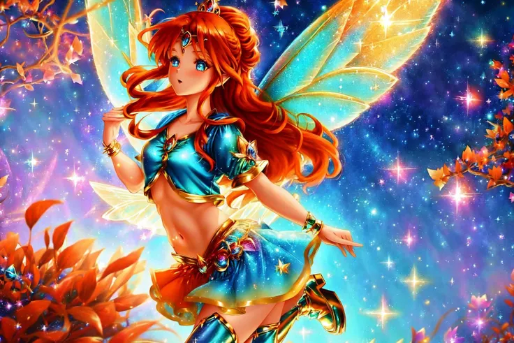 <lora:GoodHands-vanilla:1>, Fairy Forest, Fairy Theme, Fairytale,
1girl, (( blue fairy wings:1.2 ), blue eyes, ( long hair, red orange hair:1.2 ), medium breasts ), ( glitter blue crop top, stomach cutout ), ( glitter blue miniskirt, blue high heel boots ), gold tiara,