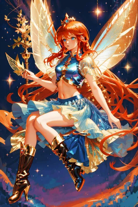 <lora:GoodHands-vanilla:1>, Fairy Forest, Fairy Theme, Fairytale,
1girl, (( blue fairy wings:1.2 ), blue eyes, ( long hair, red orange hair:1.2 ), medium breasts ), ( glitter blue crop top, stomach cutout ), ( glitter blue miniskirt, blue high heel boots ), gold tiara,