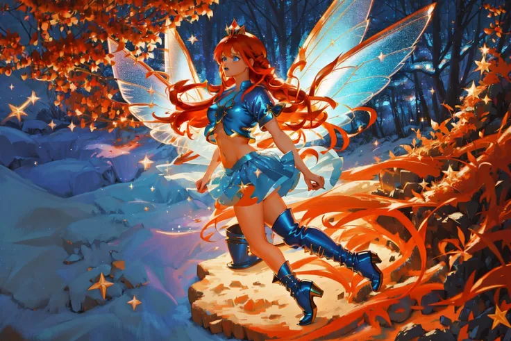 <lora:GoodHands-vanilla:1>, Fairy Forest, Fairy Theme, Fairytale,
1girl, (( blue fairy wings:1.2 ), blue eyes, ( long hair, red orange hair:1.2 ), medium breasts ), ( glitter blue crop top, stomach cutout ), ( glitter blue miniskirt, blue high heel boots ), gold tiara,