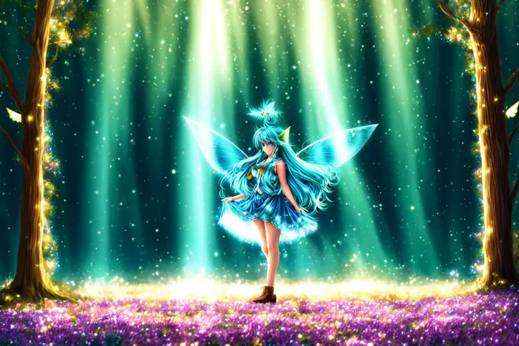 <lora:GoodHands-beta2:0.8>, Fantasy Forest, firefly,
1girl ( fairy, fairy wings, very long hair, light blue hair, spiked hair, light blue eyes, medium breasts, ) frilled mini dress, light smile, blue crystal jewelry,