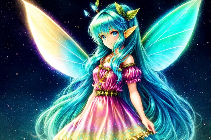 <lora:GoodHands-beta2:0.8>, Fantasy Forest, firefly,
1girl ( fairy, fairy wings, very long hair, light blue hair, spiked hair, light blue eyes, medium breasts, ) frilled mini dress, light smile, blue crystal jewelry,