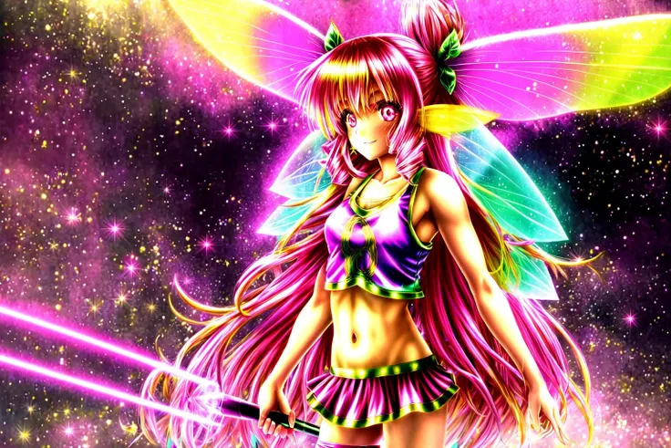<lora:GoodHands-beta2:0.8>, Fantasy Forest, firefly, 
1girl ( fairy, big fairy wings, very long hair, neon pink hair, twin drills, glowing pink eyes, medium breasts, ) tank top, miniskirt, light smile, pink crystal jewelry,