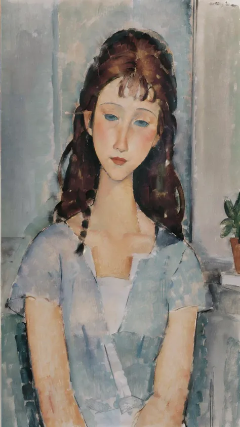 1girl, indoors, hand, photo in background, plant, picture in background, 
(long face, long neck, Crooked head, crooked, Empty eyes, Modigliani), long hair, slim, skinny, delicate, charming, solo, smile, 
((masterpiece, best quality, high quality, official art, sharp, ultra high res)), (colorful), 
 <lora:md:1>   <lora:add_detail:0.1>