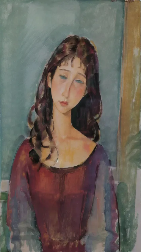 1girl, red dress, plant, picture in background, 
(long face, long neck, Crooked head, crooked, Empty eyes,), long hair, slim, skinny,
(masterpiece, best quality, high quality, official art), (colorful), multicolored background, 
<lora:md:1>  <lora:add_detail:0.2> <lora:epi_noiseoffset2:0.2>   <lora:Cohen_20230701172409:0.5>