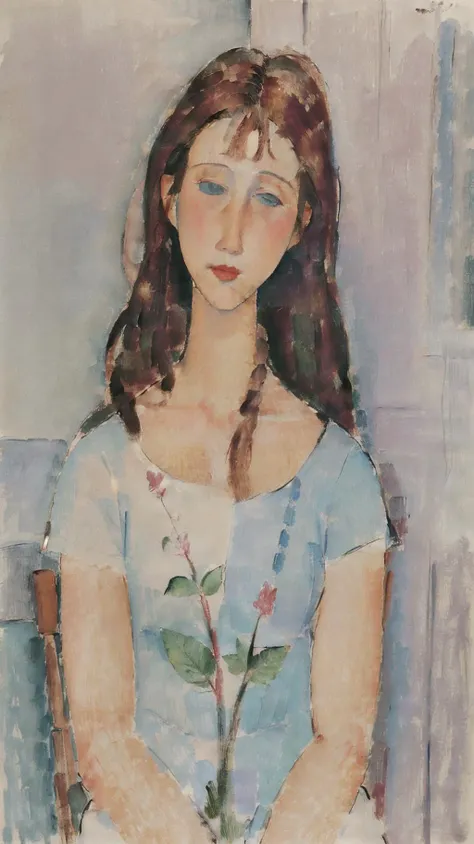 1girl, indoors, hand, photo in background, plant, picture in background, 
(long face, long neck, Crooked head, crooked, Empty eyes, Modigliani), long hair, slim, skinny, delicate, charming, solo, smile, 
((masterpiece, best quality, high quality, official art, sharp, ultra high res)), (colorful), 
 <lora:md:1>   <lora:add_detail:0.1>