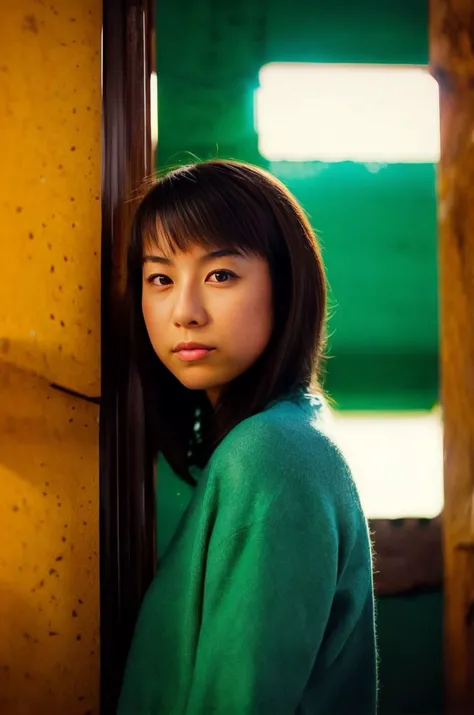 A stunning intricate full color portrait of a 20 year old cute japanese woman,swathed in a turquoise jersey, in a low-light hideaway <lora:NightphotoV1-0:0.4>, , epic character composition,by ilya kuvshinov, alessio albi, nina masic,sharp focus, subsurface scattering, f2, 35mm, film grain <lora:Kurumi-000004:1>