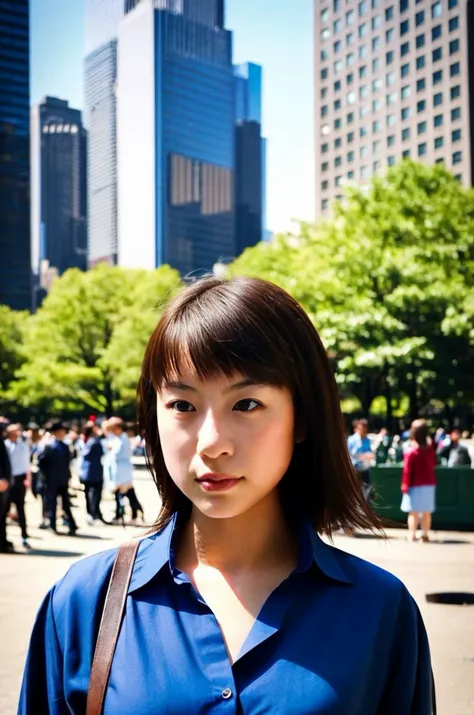 Instagram picture of a 20 year old cute japanese woman,donning a blue shirt, Illustrious Battery Park, NYC, large crowd, lipstick, epic character composition,by ilya kuvshinov, alessio albi, nina masic,sharp focus, subsurface scattering, f2, 35mm, film grain <lora:Kurumi-000004:1>