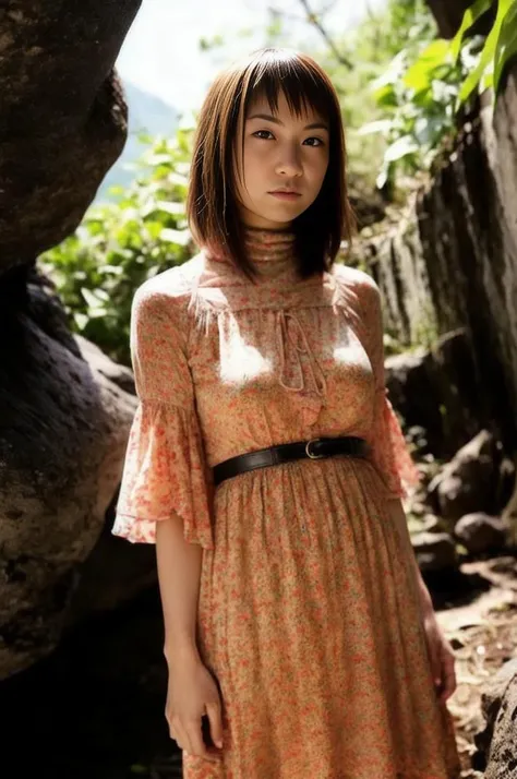 A stunning intricate full color portrait of a cute japanese woman, wearing a high neck floral dress, flower in hair, waterfall in background, having fun, epic character composition,by ilya kuvshinov, alessio albi, nina masic,sharp focus, natural lighting, subsurface scattering, f2, 35mm, film grain, full body in the picture   <lora:Kurumi-000004:1>