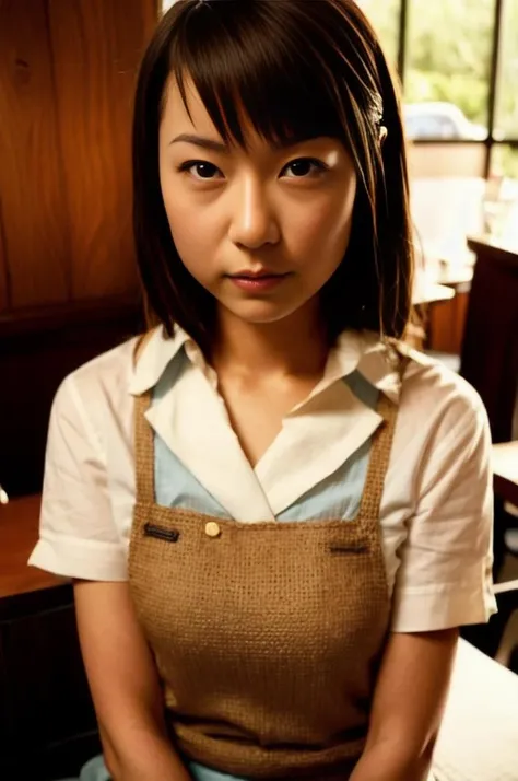 A stunning intricate full color portrait of a cute japanese woman, wearing a waitress outfit, in a restaurant, happy, epic character composition,by ilya kuvshinov, alessio albi, nina masic,sharp focus, natural lighting, subsurface scattering, f2, 35mm, film grain, portait, closeup, very detailed skin texture <lora:Kurumi-000004:1>