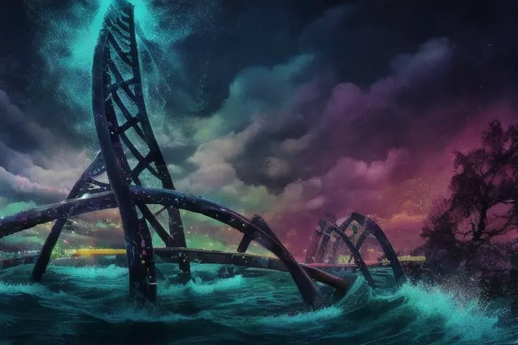 a bridge between continents looking like a DNA   <lora:DNA:1.0> surreal
<lora:splashes_v.1.1:0.6> Splash, splashes, splashing, splashes water