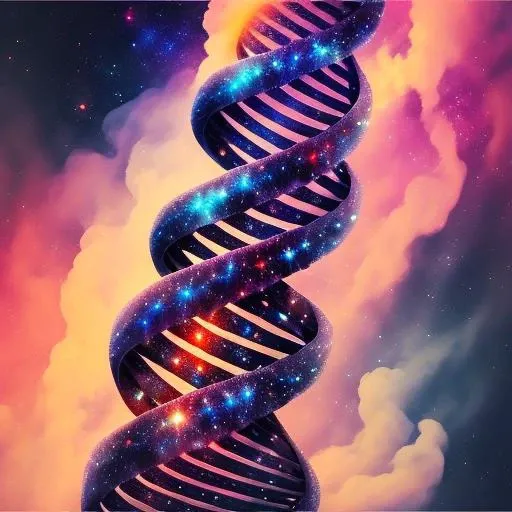 bridge, building, sky, cloud, no humans, star \(sky\), galaxy, space, glowing<lora:DNA:1>