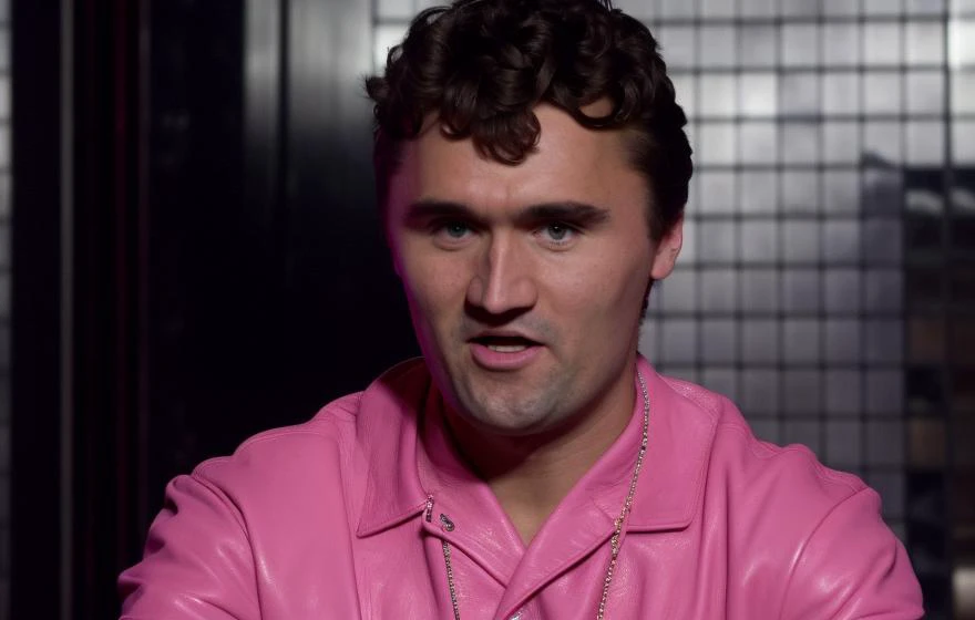 film still of charliekirk person wearing a pink leather bodysuit in the lobby of the fancy trump tower NYC by guest registry, high on cocaine, shocked awed facial expression, holding his laptop with the power cord dangling.