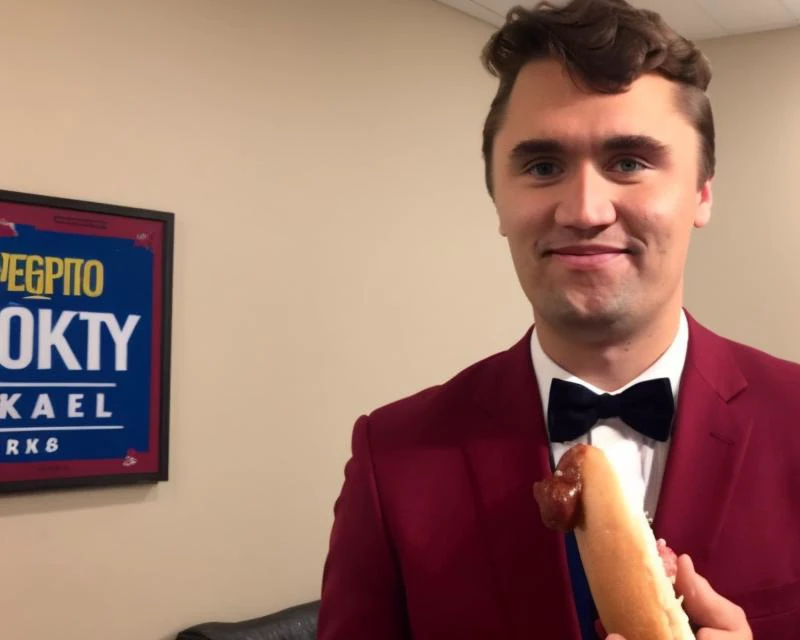 charliekirk person eating a hotdog in the lobby of a motel six. sloppy hotdog with too much ketchup. dressed like a fancy dude man.