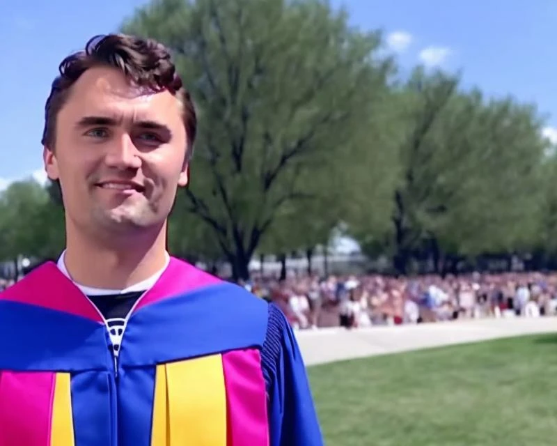 film footage of charliekirk person in a adventure . Tilt Shot . Filmed on location Statue of Liberty. photorealistic film footage directed by Wes Craven. Wearing a graduation gown to a concert . Backlight, Aerial Shot, Automobile, Insect Repellent,