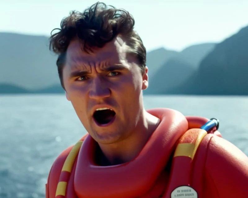still of charliekirk person low wide angle shot delivering a alien from his man papoose on an alien spaceship with cyborg alien women color film still from 1 9 8 9 movieathan. with a life preserver in his hand is screaming at the camera , by Kent Monkman