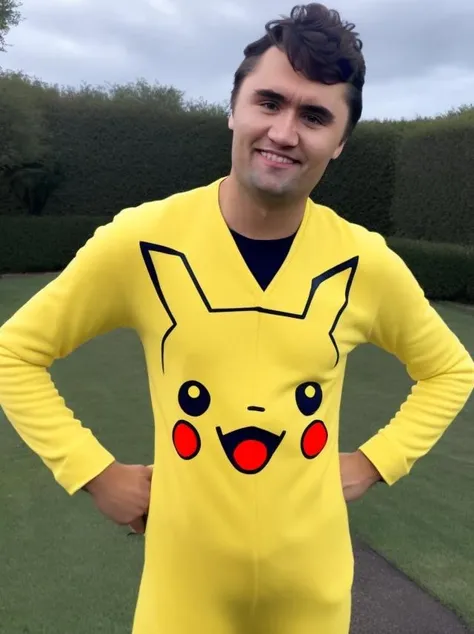 charliekirk person dressed up in a pikachu costume and coming out of a alien house. shocked facial expression