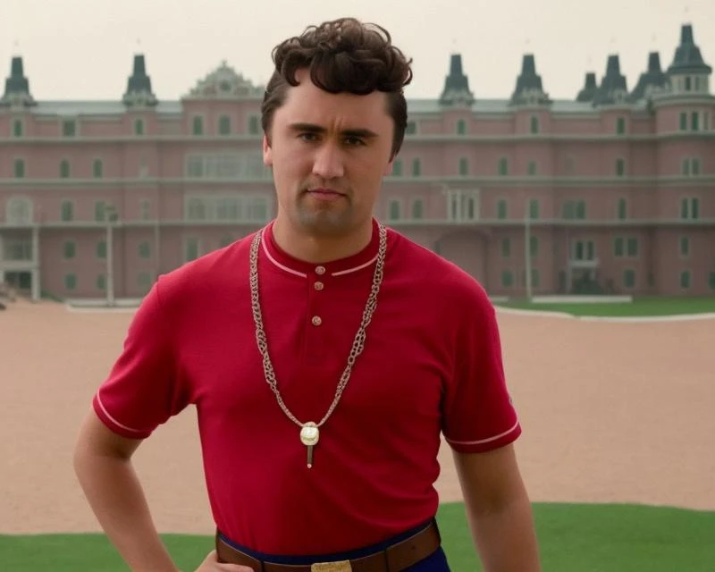 charliekirk person is wearing a sombrero de charro holding golf, screenshot from The Grand Budapest Hotel (2005)