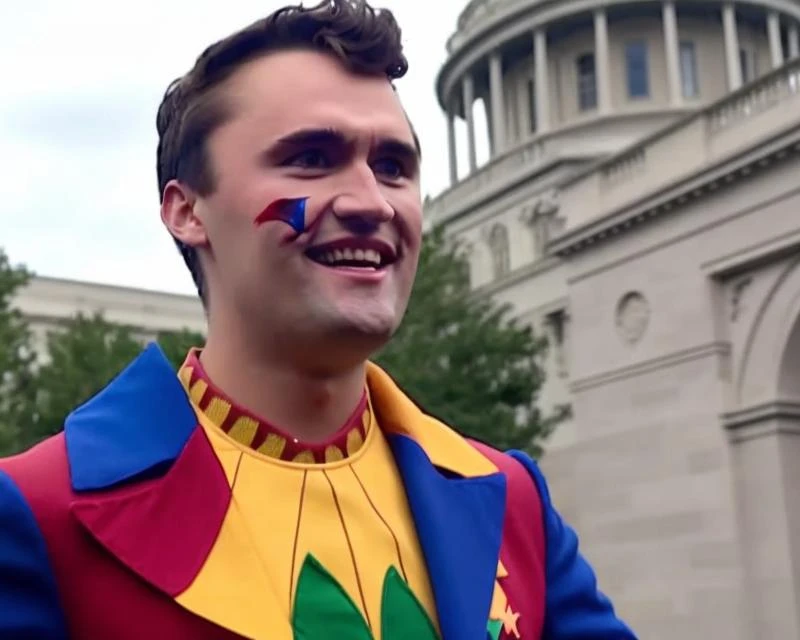 charliekirk person has a ((jester outfit)) on and is wearing lipstick. giving a news interview in Washington DC