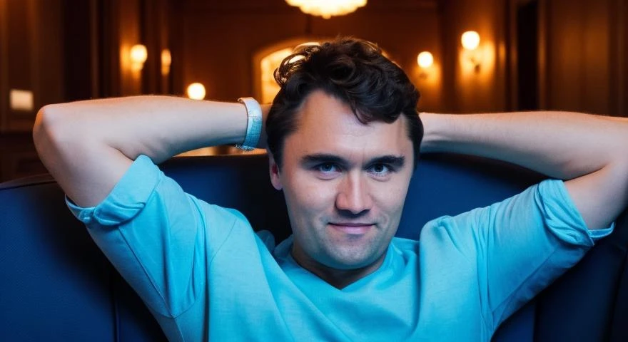 charliekirk person, Film footage, in a crime film directed by paul thomas anderson ,, a discovery of a way to travel through time [Triumph|troubling], BREAK Arch ,BREAK intricate cinematography, high quality award winning  footage. Backlight