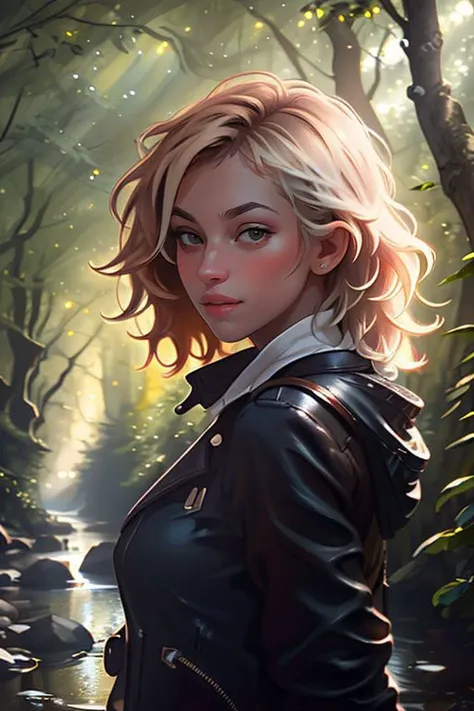 score_9, score_8_up, score_7_up, score_6_up, d4rk4mb3r, 1girl, solo, pov, from the side, side profile, closeup, standing outdoors, dark night in a deep forest, fireflies, young woman, slender figure, slim, cute face, wearing a metal silver sweater, ruby earrings, beautiful skin, form fitting, blonde hair, makeup, light and shadow, high quality, hires, 4k high resolution, intricate details, z_PonyXL_v2 <lora:da_DarksDolls_Amber_PonyXL_v02:0.85>