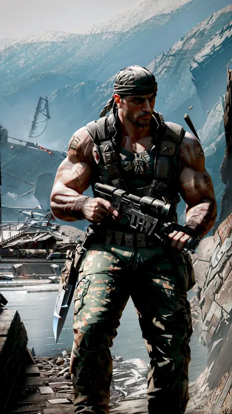 <lora:fight-10:0.4> enterthematrix, <lora:Catachan Jungle Fighters:0.8> catachan, rambo, bandana, knife, masterpiece, best quality, extremely detailed, highly quality, 4k, sharp focus, professional, sharp focus, award winning, cinematic lighting, octane render, unreal engine, volumetrics dtx, Wallpaper,