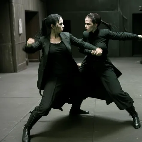 <lora:fight-10:0.9> enterthematrix style, fight scene, women