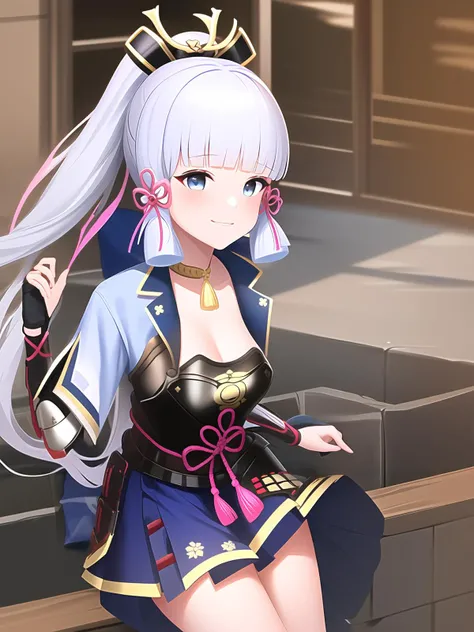 ayaka, genshin impact, 1girl, armor, highres, white hair,smile<lora:ayaka:1>