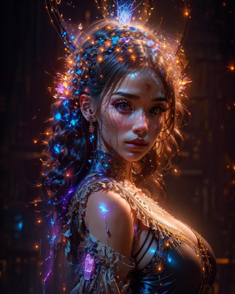 alluring woman, realistic beautiful caucasican face, long hair, (fractal:1.2), (perfect breasts:1.2),  (tight gap:1.5) <lora:add_detail:1>  neon glow <lora:SBGF:1> <lora:deluster1:0.25> <lora:micro_4_y:0.25>, (masterpiece:1.4), (photorealistic:1.7) (extremely intricate), (exquisitely detailed),  gothgal <lora:GothGal:1>  (specular light:1.5), colorful, (diffused glowing), shiny, (flying sparks),  (medium shot:1.5)