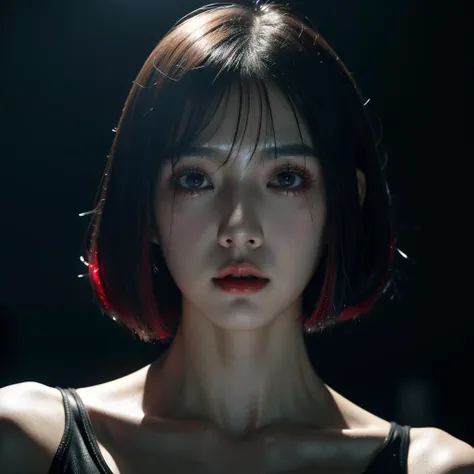 (korean:1.1) chrome android, metal skin, blank stare, chrome lips, red techno tear make-up, cyberpunk, white bob cut, in the rain, heavy rain, neon, solo focus, medium shot, at night, in seoul, <lora:add_detail:0.1>, <lora:nighttime_v1:0.4>