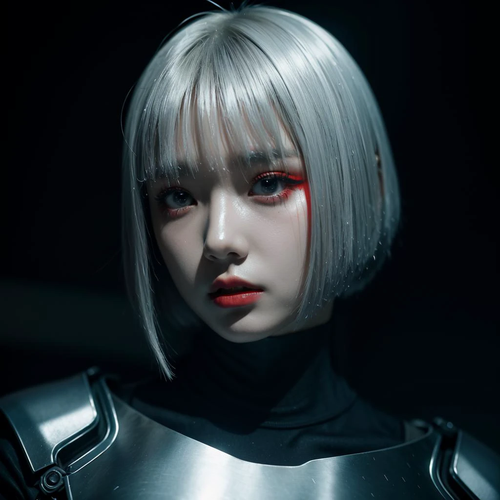 (korean:1.1) chrome android, metal skin, blank stare, chrome lips, red techno tear make-up, cyberpunk, white bob cut, in the rain, heavy rain, neon, solo focus, medium shot, at night, in seoul, <lora:add_detail:0.1>, <lora:nighttime_v1:0.4>