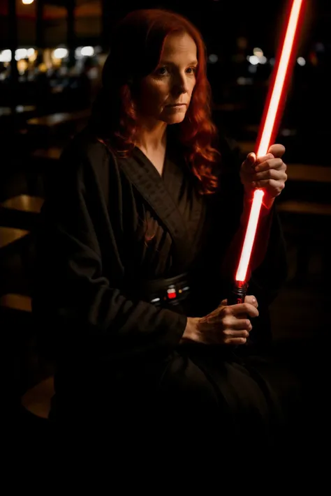 woman sitting in a coffee shop, black robe, red hair, holding a lightsaber
<lora:nighttime_v1:1.0>