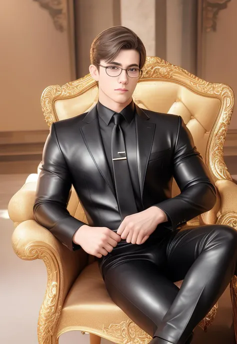 1boy, 16~20 years old, male focus, muscular male, nsfw, 3D, realistic, indoor, normal hue, central, golden ratio, sitting on the leather throne, sharp-featured body, tall, burly, highres, slender build, perfect anatomy, skin texture, thick dark buzzcut hair, see-through bangs, shallow eyebrow, symmetrical eyebrow, large bright eyes, symmetrical eyes, square gold-rimmed glasses, big straight nose, closed mouth, double-edged polearm, broad shoulders, noble attire, bdominal stretch, tight-fitting, leather collar, stand-up collared shirt, necktie, waistcoat, open thickened glossy dark leather jacket, six-pack abs, leather gloves, black trousers, leather belt, spreading long thin legs, <lora:OnlyCocks_v1.0:0.5>, large erect penis over 10 inches length and 3 inches width, erection, large scrotum with testicles, masturbation, high-heeled leather boots, soft smile, handsome, powerful, from front, looking ahead at viewer, day, masterpiece, best quality, hyper-detailed, intricate detail, professional photography, matte, bright, the most beautiful ever seen, post processing, dreamatic lighting, ambient lighting, epic composition, ultrawide shot, uplight, raytracing reflections, depth of field, gorgeous background <lora:1.TearsOfThemisArtem_v1.0:0.5>