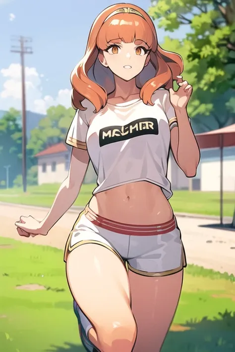 ((ultra detailed)), ((illustration)), beautiful, amazing, (((masterpiece))), celica fire emblem, 1girl, white t-shirt, short, running, <lora:celicaV1-000010:1>