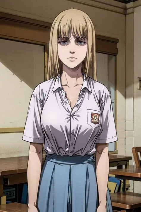 Masterpice, Best Quality, 1girl wearing indonesian high school uniform, blonde, blue skirt ,white shirt, buttons, front pocket, collarbone,<lora:Ymir_Fritz_AOT-KK77-V1:0.6> (Beautiful,large_Breasts:1.4), (beautiful_face:1.5),(narrow_waist),  <lora:Indonesian High School Uniform:0.7> classroom background, sexy pose