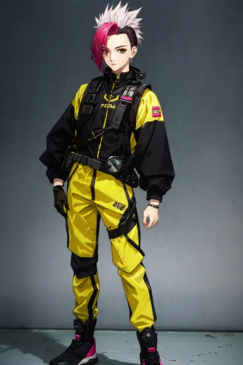 <lora:ballJointDoll_v10:.7> Ball Joint Doll, doll joints, 1boy, male focus, solo, goggles, magenta hair, spiked hair, mohawk, short hair, yellow and green bodysuit, full body, standing,