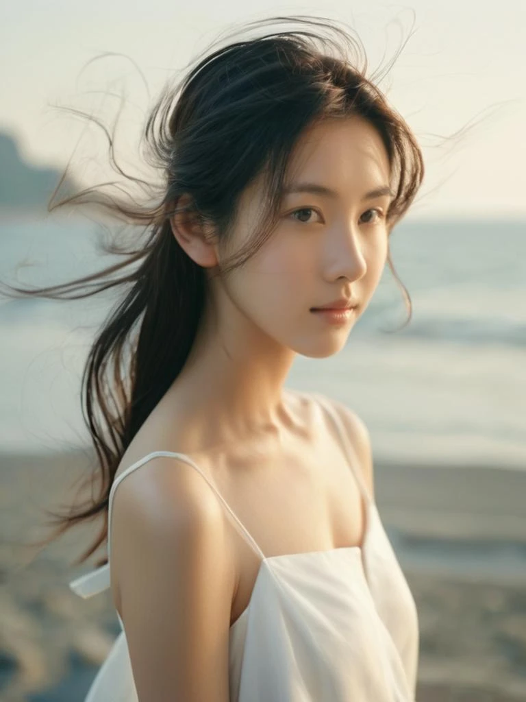 a masterpiece of film Photography,a girl by the sea with floating hair and bare shoulders in a canonicals,looking at viewer,<lora:CDLxl:0.8>,formal_dress,canonicals,, (perfect real extremely details), award-winning, breathtaking, amazing fine detail, dramatic lighting, best quality,taken by Hideaki Hamada