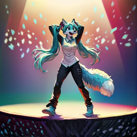 score_9, score_8_up, score_7_up, score_6_up, score_5_up, score_4_up, rating_safe, full body portrait, hatsune miku as an anthro fox, blue fur, concert, detailed background, awesome_background