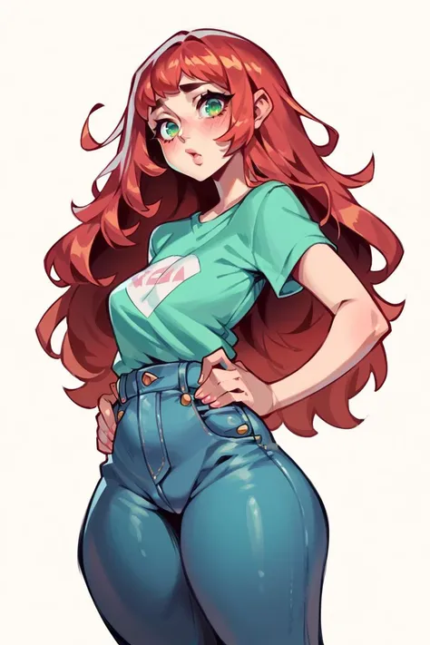 <lora:Mix3:1>, score_9, score_8_up, score_7_up, score_6_up, score_5_up, rating_questionable, source cartoon
1girl, pretty face, pretty eyes, detailed eyes, HD eyes, thick thighs
hands on hips, standing, cowboy shot
looking at viewer, blush, eyebrows, long hair, red hair, green eyes jeans, green t-shirt, boots, high waisted jeans
simple background, white background