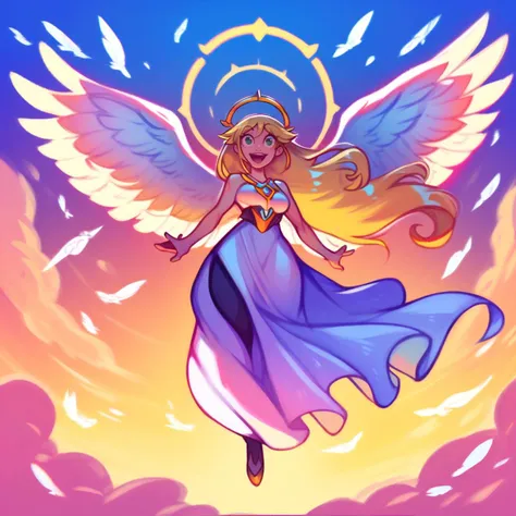 score_9_up, score_8_up, score_7_up, dynamic pose, full body, wide shot, 1girl, (angel), very long hair, Blonde hair, hair flaps, (floating hair), green eyes, halo, <lora:w1ngsXLP:.7>, w1ngs, angel wings, symmetrical wings, large breasts, smiling, open mouth, , (clouds)
, outdoors, in a palace, sunset, <lora:Mix2:1>