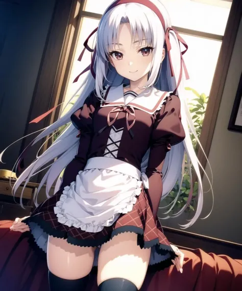 (masterpiece, best quality, extremely detailed CG, beautiful detailed eyes, ultra-detailed, intricate details:1.2), 8k wallpaper, elaborate features, glistening shiny, glowing light, ray tracing, HDR, deph of field, (perfect face), HD, perfect light, (cowboy shot, looking at viewer), window, bedroom, bed, plants, smile,
MomonoShiori_11eyes, thighhighs, black legwear,solo, red eyes, long hair, hairband, dress, twintails, white hair, ribbon, hair ribbon, zettai ryouiki, school uniform, puffy sleeves, long sleeves, plaid skirt, waist apron, <lora:MomonoShiori_11eyes:0.8>