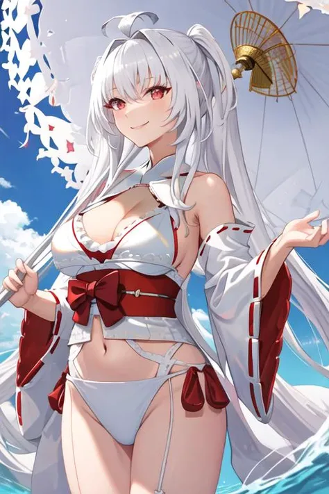 best quality, masterpiece, highres, solo, {white kimono:1.35}, {red hakama:1.35}, {wide sleeves:1.20}, {lady_avalon_fgo:1.15}, long_hair, white_hair, bangs, ahoge, breasts, smile, very_long_hair, swimsuit, bikini, white_bikini, purple_eyes, medium_breasts, frilled_bikini, cleavage, umbrella, parasol, navel, red_eyes