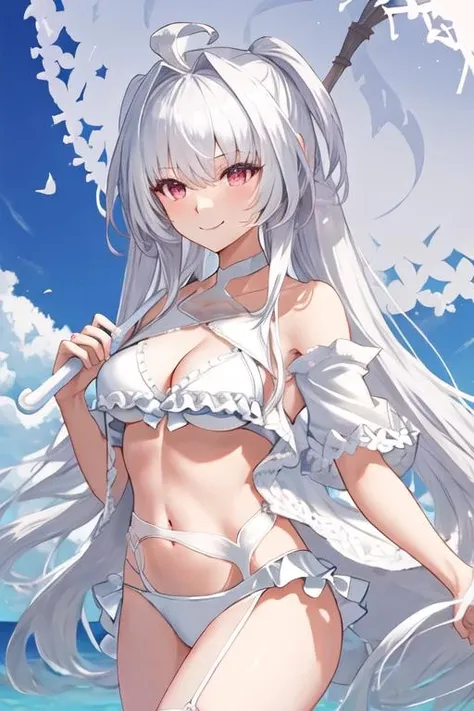 best quality, masterpiece, highres, solo, {lady_avalon_fgo:1.15}, long_hair, white_hair, bangs, ahoge, breasts, smile, very_long_hair, swimsuit, bikini, white_bikini, purple_eyes, medium_breasts, frilled_bikini, cleavage, umbrella, parasol, navel, red_eyes, 1girl, bare_shoulders, blue_sky, frills, holding, holding_umbrella, looking_at_viewer, sky, white_umbrella
