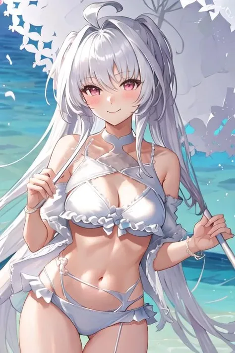 best quality, masterpiece, highres, solo, {lady_avalon_fgo:1.15}, long_hair, white_hair, bangs, ahoge, breasts, smile, very_long_hair, swimsuit, bikini, white_bikini, purple_eyes, medium_breasts, frilled_bikini, cleavage, umbrella, parasol, navel, red_eyes, 1girl, bare_shoulders, frills, holding, looking_at_viewer, thighs, holding_umbrella, blush, collarbone
