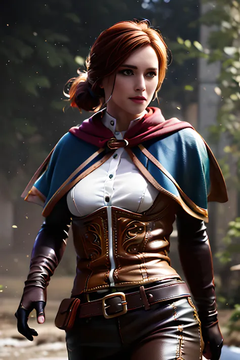 1 girl, dynamic pose, running ,trissmerigold,brown eyes,red hair, hair bun, white shirt, (borwn leather) corset, capelet, gloves, belt, pants, boots <lora:trissV2:0.7>, <lora:Backrooms-15:0.5>, disgutsting place, dirt, trash,