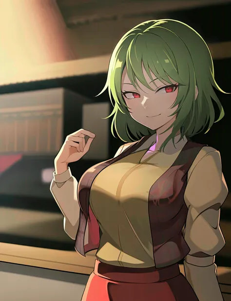 (view of 1girl upper body of kazami yuuka akira at general store:1 )
(matte short hair ),
(perfect cute face with red eyes ),
(detailed kazami yuuka red vest long skirt with simple white shirt :1)
(completely covered medium breasts  :1.2)
(best lighting ),
(color shift sharp shading)
(8k),(highres),(ray tracing),(decensored),(dutch angle:0.6)
(masterpiece:1.2)(best quality:1.3)(SFW:1)
(perfect anatomy:1)
(detailed background)
<lyco:kusso_+++_v1:1>