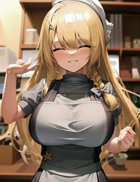 (view of 1girl upper body of kirisame marisa suzu   at general store:1.2)
(matte blonde hair with ( large  kirisame marisa hat :1.3) )
(perfect suzu face with closed eyes)
(detailed kirisame marisa apron dress with whole black vest with white shirt with (five pointed star shaped ornament :1.5):1)
(completely covered   large breasts )
(best lighting ),
(color shift sharp shading)
(8k),(highres),(ray tracing),(decensored),(dutch angle:0.6)
(masterpiece:1.2)(best quality:1.3)(SFW:1)
(perfect anatomy:1)
<lyco:kusso_+++_v1:1>