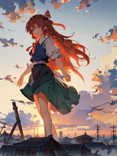 masterpiece, high quality, cinematic lighting, <lora:kusso_+++_v2:0.2>, touhou, cookie (touhou), smile, looking at viewer, long hair, red hair ribbon, 1girl, solo, painterly style, impressionism, beautiful sky, sunset, wind, <lora:wind:0.6>, flowing hair, <lora:sola7764-0.1-2-b30-bf16-D128-A1-1-ep64-768-DAdaptation-cosine:0.7>, giant girl, buildings, ruined town, clouds, <lora:GoodHands-vanilla:0.7>