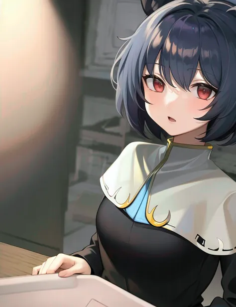 (view of 1girl upper body of nazrin nyon at general store:1.2)
(matte gray short hair with rat ear),
(perfect nyon face with red eyes with open mouth :1),
(detailed black nyon long dress with white capelet with sleeves :1.3)
(whole covered small breasts with covered by outfits completely :1.2)
(blue gem pendant)
(best lighting ),
(color shift sharp shading)
(8k),(highres),(ray tracing),(decensored),(dutch angle:0.6)
(masterpiece:1.2)(best quality:1.3)(SFW:1)
(perfect anatomy:1)
(detailed background)
<lyco:kusso_+++_v1:1>