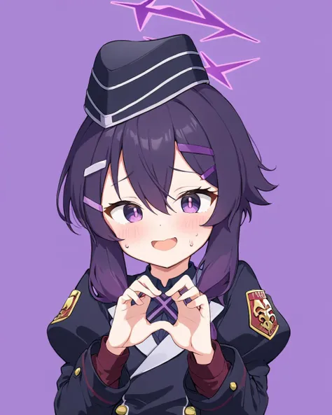 haruka \(blue archive\),1girl, solo, hairclip, garrison_cap, blush, long_sleeves, open_mouth, looking_at_viewer, flying_sweatdrops, sweat, purple_background, puffy_sleeves, interlocked_fingers, upper_body, halo, smile, black_jacket, black_headwear, military
<lora:haruka_(blue_archive)_image830_2023-11-26-000015:1>halo. gorgeous,key visual, vibrant, studio anime,award-winning, professional, highly detailed,high budget, cinemascope
